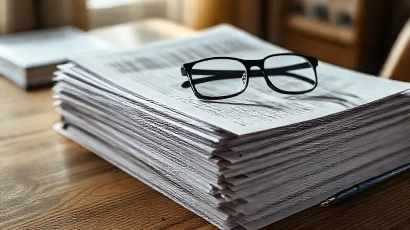 A photorealistic image of a stack of medical records and official looking documents, with a pair of reading glasses resting on top, all bathed in soft, natural light on a wooden desk, symbolizing the weight of evidence for long-term health issues. Professional photography, 8K, cinematic lighting, sharp focus on the documents, depth of field, shot on a high-end DSLR.