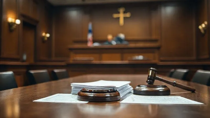 A photorealistic image of a solemn courtroom scene, focusing on the defense table with legal documents neatly stacked, a gavel resting nearby, and the judge's bench slightly blurred in the background. The lighting is dramatic, highlighting the gravity of legal proceedings. Professional photography, 8K, cinematic lighting, sharp focus on the table, depth of field, shot on a high-end DSLR.