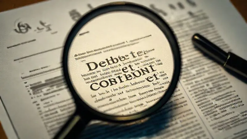 A photorealistic image of a magnifying glass enlarging the fine print on a complex financial contract, with a blurred background of abstract, swirling debt figures. 8K, cinematic lighting, sharp focus on the magnifying glass and text, depth of field blurring the background, shot on a high-end DSLR.
