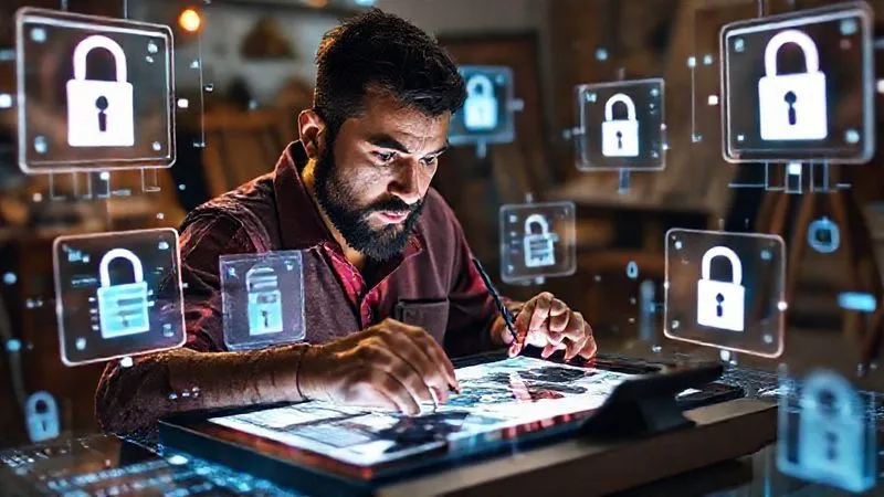 A photorealistic image of a digital artist working on a tablet, surrounded by floating holographic screens displaying blockchain explorers, copyright registration forms, and secure digital locks. The artist has a determined expression. Professional photography, cinematic lighting, sharp focus on the artist and tablet, depth of field blurring the background, 8K hyper-detailed, shot on a high-end DSLR.