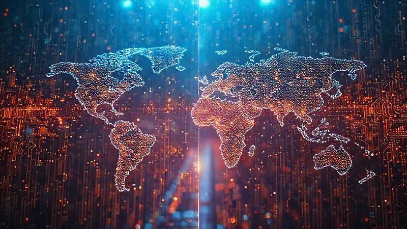 photorealistic, professional photography, 8K, cinematic lighting, sharp focus, depth of field, shot on a high-end DSLR. A towering digital firewall, glowing with intricate circuit patterns, bisecting a holographic world map. On one side, data streams flow freely; on the other, they are abruptly severed, creating a stark visual metaphor for digital borders and censorship. The scene evokes a sense of global division and technological control.