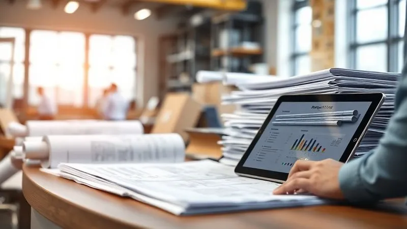 A photorealistic, professional photography shot of a contractor's organized desk, with stacks of neatly filed construction documents, blueprints, and a digital tablet displaying project logs. The background is a modern construction site, blurred with depth of field. Cinematic lighting, 8K, sharp focus on the documents, shot on a high-end DSLR.