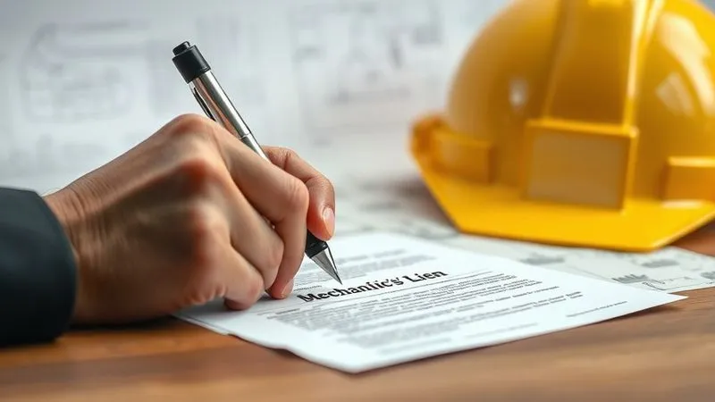 A close-up, photorealistic shot of a hand signing a legal document clearly labeled 'Mechanic's Lien' with a pen, against a backdrop of blurred blueprints and a construction hard hat. The lighting is focused and professional, highlighting the importance of the act. 8K, sharp focus on the document, depth of field, shot on a high-end DSLR, professional photography.