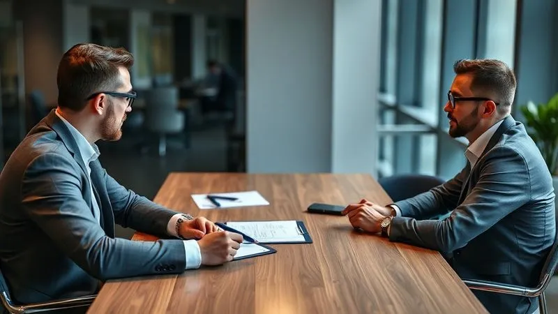 A photorealistic image of two businesspeople (a contractor and a developer) sitting across a table from a neutral mediator, with subtle tension but an atmosphere of potential resolution. A legal pad and pens are on the table. The setting is a modern, professional office. Cinematic lighting, 8K, sharp focus on the faces, depth of field, shot on a high-end DSLR, professional photography.
