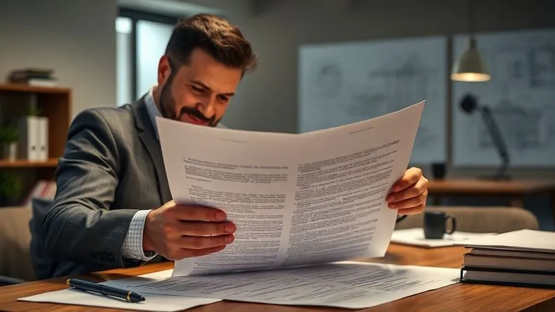A photorealistic image of a contractor and a legal professional meticulously reviewing a large, open contract document with highlighted sections. A blueprint is visible in the background. The scene is set in a well-lit, professional office. Cinematic lighting, 8K, sharp focus on the contract, depth of field, shot on a high-end DSLR, professional photography.