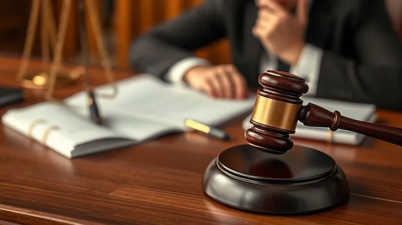A photorealistic image of a gavel striking a sound block on a judge's bench, with blurred legal documents and a distressed individual in the background, conveying the gravity of legal consequences. Professional photography, 8K, cinematic lighting, sharp focus, depth of field.