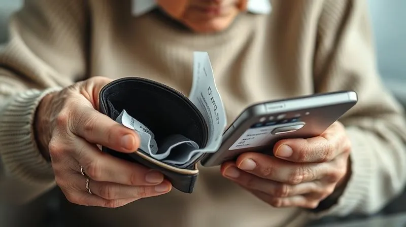 A photorealistic, professional photography, 8K image showing a mosaic of subtle distress signals: an elderly hand clutching an empty wallet, a crumpled bank statement, a phone with missed calls, and a worried expression on an elder's face. Cinematic lighting, sharp focus, depth of field, shot on a high-end DSLR.