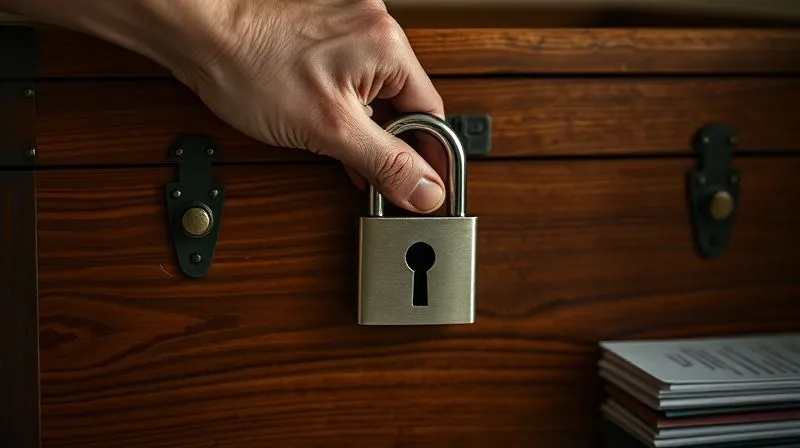 A photorealistic, professional photography, 8K image of a strong, protective hand gently closing a secure lock on a heavy wooden chest, symbolizing the safeguarding of an elder's assets. Legal documents are neatly stacked nearby. Cinematic lighting, sharp focus on the lock, depth of field, shot on a high-end DSLR.