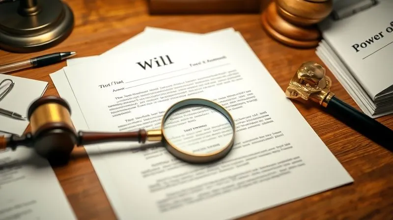 A photorealistic, professional photography, 8K image of a meticulously organized desk with a variety of legal documents, including a will, trust, and power of attorney, with a magnifying glass resting on them. The scene is well-lit, conveying clarity and foresight. Cinematic lighting, sharp focus on the documents, depth of field, shot on a high-end DSLR.