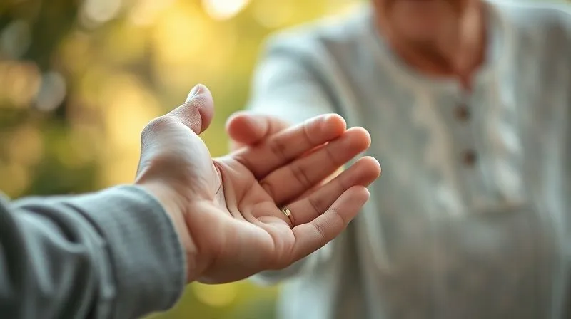 A photorealistic, professional photography, 8K image of a hand reaching out to an elderly person's hand, offering support and a sense of hope, with a blurred background of a serene, protective environment. Cinematic lighting, sharp focus on the hands connecting, depth of field, shot on a high-end DSLR.
