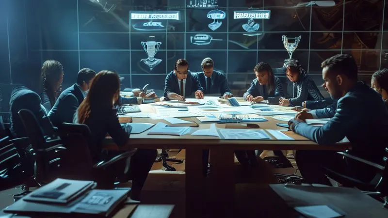 A photorealistic, professional photography, 8K image of a diverse legal team intensely strategizing around a large conference table, illuminated by cinematic lighting. Documents and legal pads are spread out, with one person pointing at a complex diagram. A subtle sports motif, like a blurred trophy or stadium in the background, without being overt. Sharp focus on the team's faces and the documents, with a shallow depth of field. Shot on a high-end DSLR.