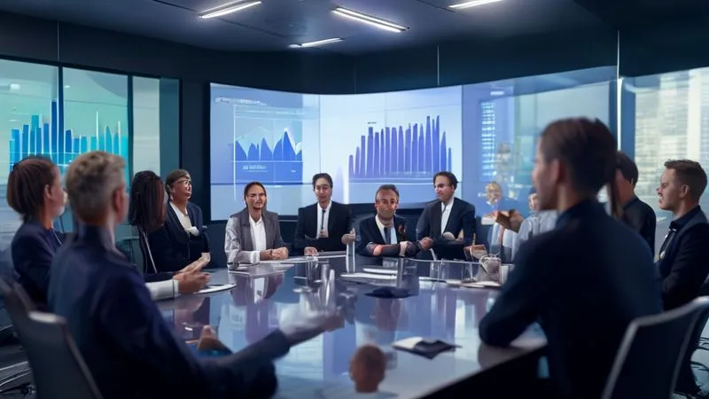 A photorealistic, professional photography, 8K image of a diverse group of stakeholders (league executives, sponsors, team representatives) in a modern, glass-walled conference room, actively engaged in a discussion. One person is presenting on a large screen displaying a positive public sentiment graph. Cinematic lighting highlights their focused expressions, with a sharp focus on their interactions. Shot on a high-end DSLR.