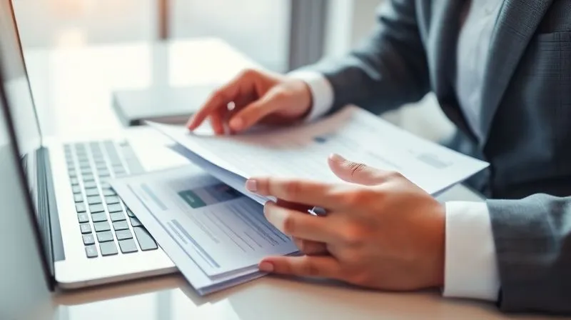 A professional, photorealistic image of a person's hands meticulously reviewing a stack of legal documents and a digital employee file on a laptop screen, set on a clean, modern desk. Cinematic lighting, sharp focus on the documents, depth of field blurring the background, 8K hyper-detailed.