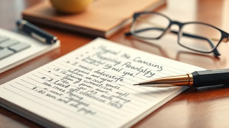 A professional, photorealistic image of a legal pad with detailed handwritten notes and bullet points, alongside a fountain pen and a pair of reading glasses, on a polished wooden desk. The background is softly blurred, suggesting an organized, meticulous approach to record-keeping. Cinematic lighting, sharp focus on the notes, 8K hyper-detailed.