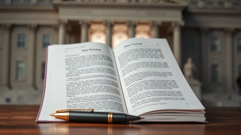 A photorealistic image of a legal brief or petition with a blurred background of a courthouse facade, symbolizing the transition from administrative to judicial challenge. The document is open to a page discussing 'due process', with a pen resting beside it. Cinematic lighting, sharp focus, depth of field, 8K, professional photography, shot on a high-end DSLR.