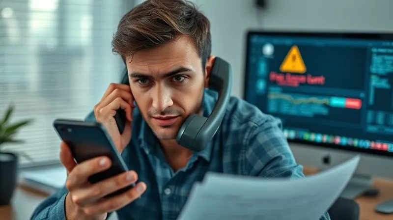 photorealistic, professional photography, 8K, cinematic lighting, sharp focus, depth of field, shot on a high-end DSLR. A person looking distressed, holding a smartphone and talking urgently on a landline phone, with blurred financial documents and a computer screen showing a fraud alert in the background. The scene conveys a sense of urgency and concern, with cool, muted tones.