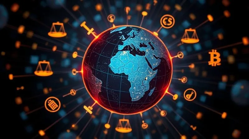photorealistic, professional photography, 8K, cinematic lighting, sharp focus, depth of field, shot on a high-end DSLR. A stylized globe surrounded by interconnected legal symbols like gavels, scales of justice, and digital currency icons, all linked by glowing data lines. The image should convey global legal reach and the complexity of international cybercrime, with a strong, determined aesthetic.