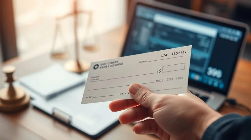 photorealistic, professional photography, 8K, cinematic lighting, sharp focus, depth of field, shot on a high-end DSLR. A hand holding a crisp, official-looking check or bank draft, with blurred legal documents, a laptop screen showing a successful transaction, and a subtle scale of justice in the background. The scene should evoke a feeling of relief and successful resolution, with warm, triumphant lighting.