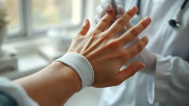 photorealistic, professional photography, 8K, cinematic lighting, sharp focus, depth of field, shot on a high-end DSLR, a person's hand with a visible injury being gently bandaged by a medical professional, sterile environment, soft natural light, conveying urgency and care.