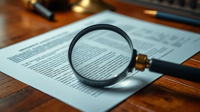 photorealistic, professional photography, 8K, cinematic lighting, sharp focus, depth of field, shot on a high-end DSLR, a complex legal document with a magnifying glass over a specific clause, illustrating scrutiny and detail, on a polished wooden desk.