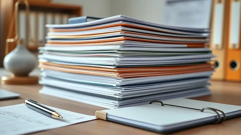 photorealistic, professional photography, 8K, cinematic lighting, sharp focus, depth of field, shot on a high-end DSLR, a stack of organized legal documents and medical files neatly arranged on a desk, with a pen and notepad, emphasizing meticulous record-keeping.