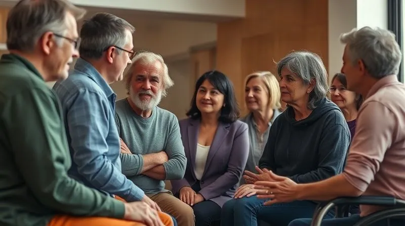 photorealistic, professional photography, 8K, cinematic lighting, sharp focus, depth of field, shot on a high-end DSLR, a diverse group of people in a support group setting, some with visible injuries or assistive devices, sharing experiences, conveying empathy and community, soft warm lighting.