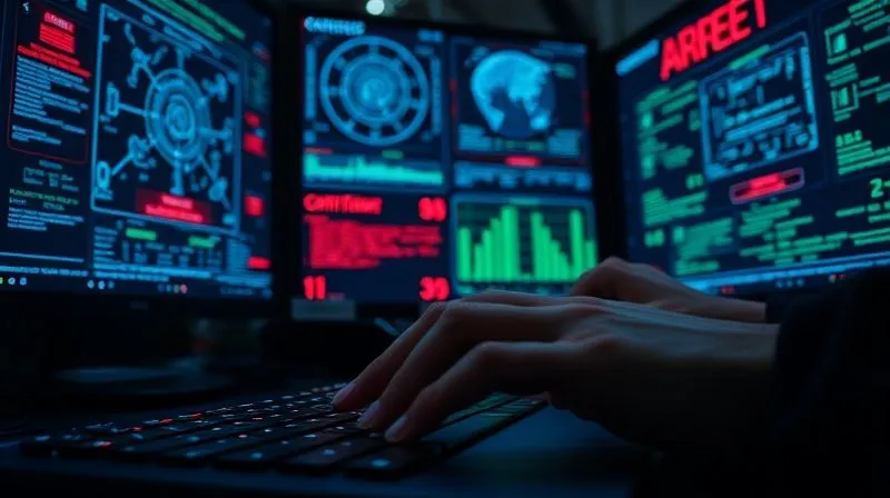 A photorealistic image of a cybersecurity expert's hands rapidly typing on a keyboard, multiple screens in the background displaying complex network diagrams and alerts, indicating an urgent data breach containment effort. The scene is dimly lit with blue and green light emanating from the screens, conveying high stakes. Professional photography, 8K, cinematic lighting, sharp focus on hands, depth of field.