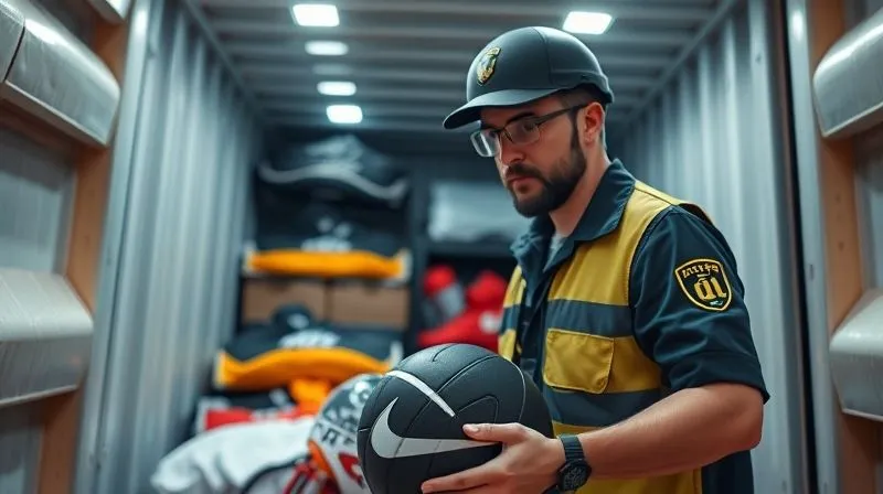 A customs officer examining a suspicious shipping container filled with generic sports merchandise, with a genuine, officially branded item in the foreground, highlighting the contrast. Photorealistic, professional photography, 8K, cinematic lighting, sharp focus, depth of field, shot on a high-end DSLR.
