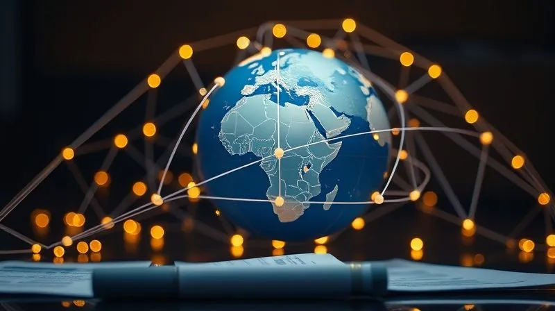 Globes connected by illuminated lines, representing international cooperation and legal frameworks, with official-looking documents subtly in the foreground. Photorealistic, professional photography, 8K, cinematic lighting, sharp focus, depth of field, shot on a high-end DSLR.