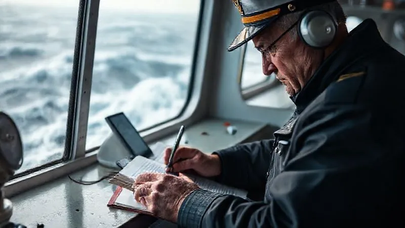 Photorealistic, professional photography, 8K, cinematic lighting, sharp focus, depth of field, shot on a high-end DSLR. A ship's captain, face etched with concern, meticulously writing in a logbook on a distressed vessel's bridge, with a satellite phone visible and rough seas visible through the window, emphasizing urgent communication and documentation amidst crisis.
