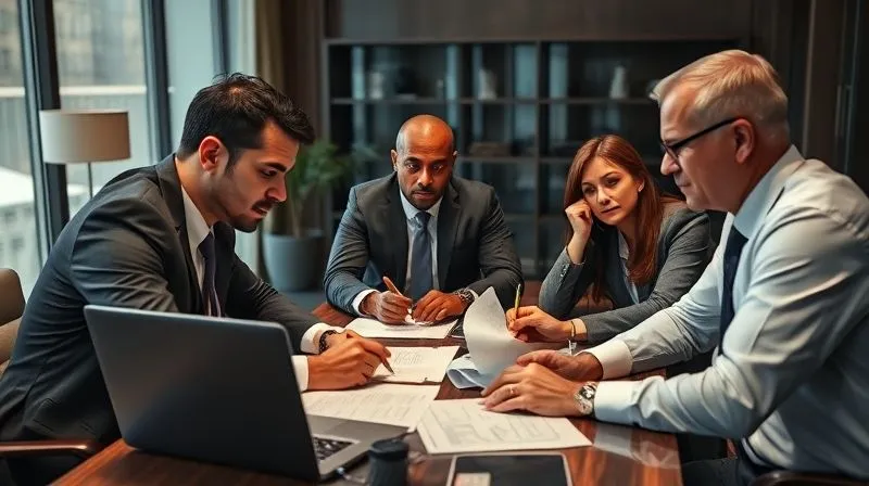 Photorealistic, professional photography, 8K, cinematic lighting, sharp focus, depth of field, shot on a high-end DSLR. A diverse legal team, including a sports lawyer, athlete, and scientific expert, intensely focused around a table with documents and a laptop, discussing a complex legal strategy in a modern, well-appointed office. The mood is serious but collaborative.