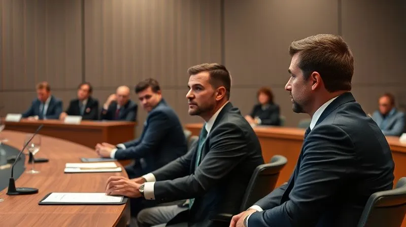Photorealistic, professional photography, 8K, cinematic lighting, sharp focus, depth of field, shot on a high-end DSLR. A formal sports tribunal or arbitration court, with a panel of judges listening intently. In the foreground, a sports lawyer is presenting arguments, with an athlete sitting beside them, looking resolute. The setting is modern, serious, and evokes a sense of high stakes.