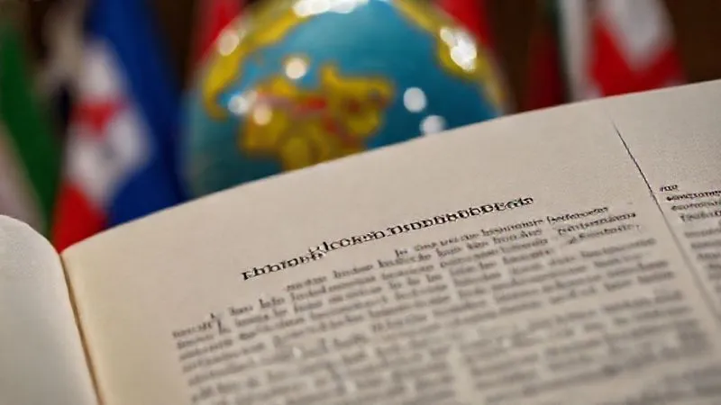 A photorealistic close-up of the official text of the Vienna Convention on Diplomatic Relations open to Article 31, with a blurred background showing a globe and international flags, professional photography, 8K, cinematic lighting, sharp focus on the text, depth of field, shot on a high-end DSLR.