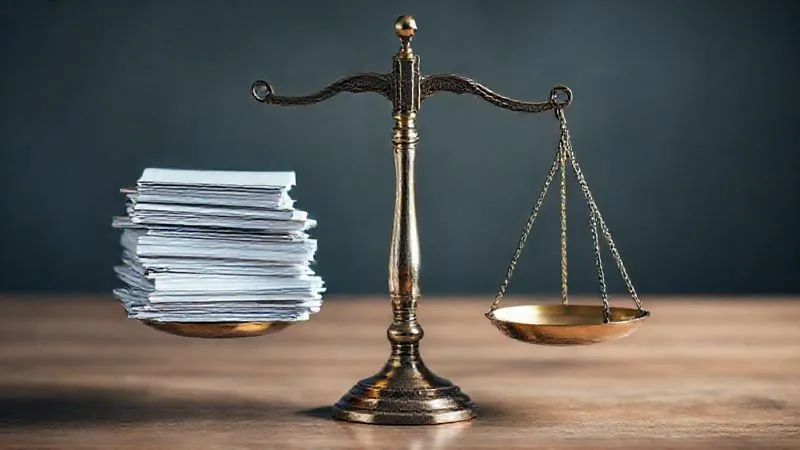 A photorealistic image of a traditional set of scales of justice, with one pan heavily weighted down by a stack of legal documents and the other pan slightly lighter, representing the challenge of balancing diplomatic immunity with the pursuit of justice. Cinematic lighting, sharp focus, depth of field, 8K, professional photography, shot on a high-end DSLR.
