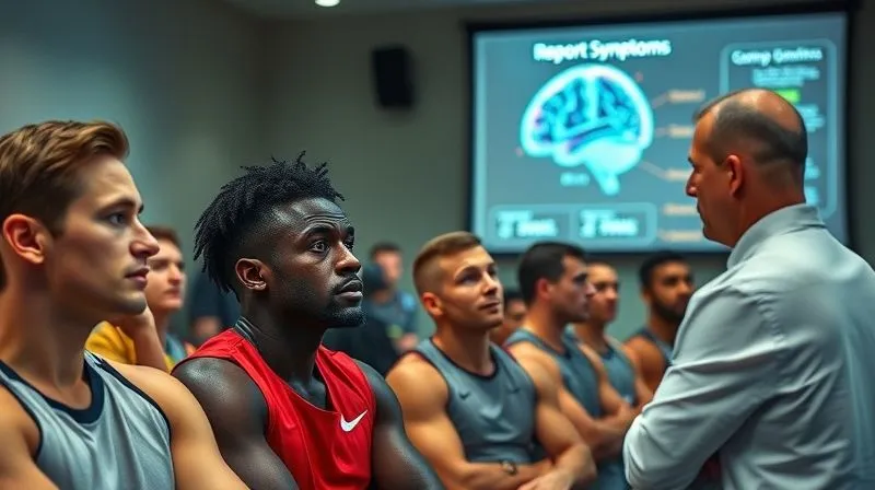 A photorealistic, professional photography, 8K, cinematic lighting, sharp focus, depth of field, shot on a high-end DSLR, depicting a diverse group of athletes attentively listening to a medical professional during a concussion awareness seminar. The atmosphere is serious but hopeful, with visual cues of understanding and concern on their faces. A digital presentation screen in the background shows a brain diagram with highlighted areas and text like 'Report Symptoms'.