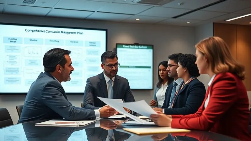 A photorealistic, professional photography, 8K, cinematic lighting, sharp focus, depth of field, shot on a high-end DSLR, showing a diverse group of legal and medical professionals in a modern, well-lit conference room, collaborating and reviewing documents related to sports safety protocols. There's a sense of serious deliberation and expertise. A large screen in the background displays a flow chart of a comprehensive concussion management plan.
