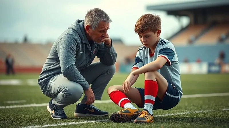 A photorealistic, professional photography, 8K, cinematic lighting, sharp focus, depth of field, shot on a high-end DSLR, depicting a concerned coach kneeling beside a young athlete on a sports field. The coach is gently asking questions, demonstrating empathy and care. The athlete looks a bit disoriented, holding their head slightly. The background is a blurred sports arena, emphasizing the immediate interaction and concern.