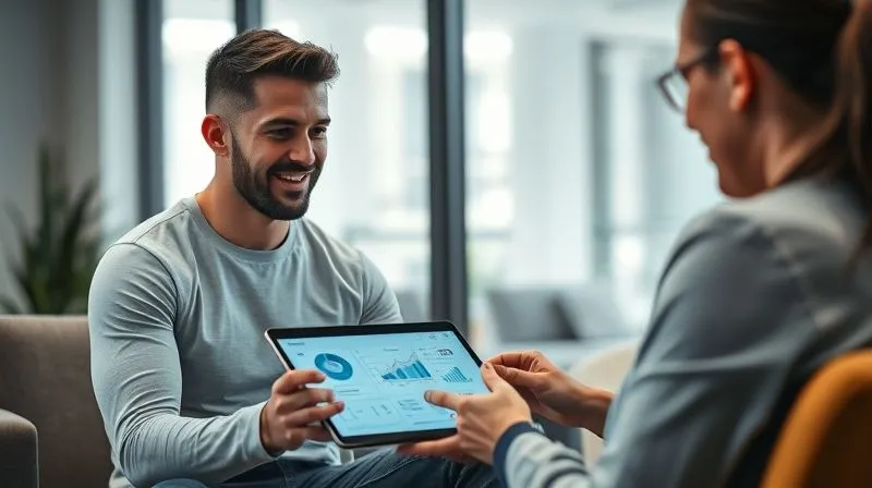 A photorealistic, professional photography, 8K, cinematic lighting, sharp focus, depth of field, shot on a high-end DSLR, showing an athlete (looking healthy and engaged) meeting with a sports psychologist or medical professional in a modern, comfortable office setting. They are reviewing a digital tablet with charts and graphs, symbolizing long-term health monitoring and ongoing support after a concussion. The mood is one of proactive care and sustained well-being.