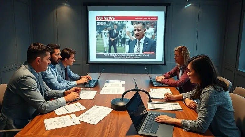 A photorealistic, professional photography image of a diverse crisis management team gathered around a large conference table, intensely discussing a projected news report about an athlete scandal. Overlapping legal documents and laptops are open, with one person pointing to a contract. Cinematic lighting emphasizes their focused expressions, sharp focus on the team, depth of field blurring the background, 8K hyper-detailed, shot on a high-end DSLR, conveying urgency and serious deliberation.