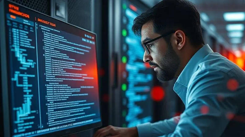 A photorealistic, professional photography, 8K image of a digital forensics expert meticulously examining a computer screen displaying complex data logs and network activity, with a glowing, abstract representation of data flowing away from a corporate server. Cinematic lighting highlights the intense focus, sharp focus on the screen, depth of field blurring server racks in the background, shot on a high-end DSLR.