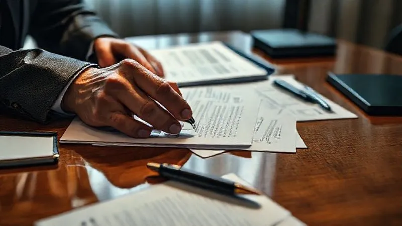 A photorealistic close-up of a person's hands meticulously organizing various legal documents, emails, and call logs on a polished desk. A pen and a notepad are also visible. The lighting is crisp and professional, emphasizing the detail and importance of documentation. 8K, cinematic lighting, sharp focus, depth of field, professional photography, shot on a high-end DSLR.