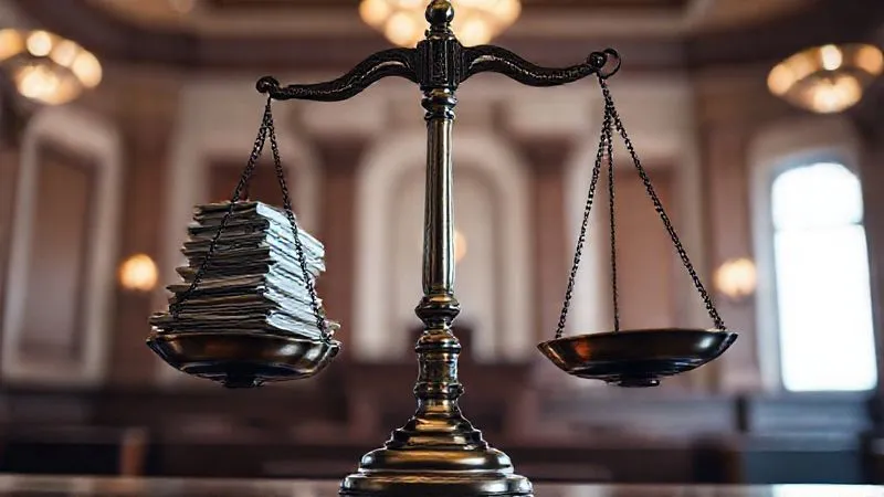 A photorealistic image depicting a balanced scale of justice, with one side heavily weighted by a stack of currency or legal documents, and the other side rising. The background is a subtly blurred courtroom, with soft, yet dramatic cinematic lighting highlighting the scales. 8K, sharp focus on the scales, depth of field, professional photography, shot on a high-end DSLR, symbolizing the attainment of justice and damages.