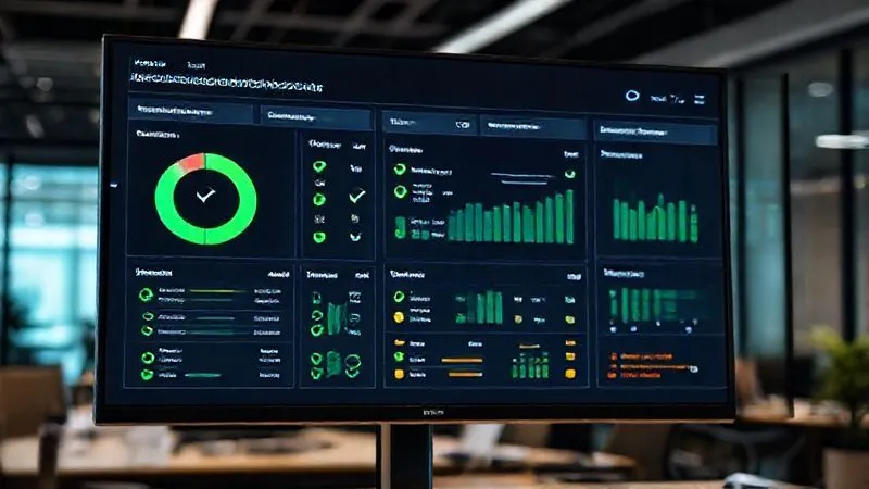 A photorealistic, professional image of a data privacy compliance dashboard on a large monitor, displaying real-time metrics for data subject requests, consent rates, and audit trails. The screen shows green checkmarks for compliance and a few amber alerts indicating areas for review. Cinematic lighting, sharp focus on the dashboard, depth of field blurring office background, 8K hyper-detailed, shot on a high-end DSLR.