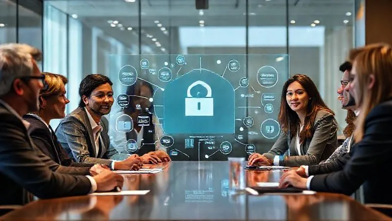 A photorealistic image of a diverse group of professionals (lawyers, tech experts, marketers) collaborating around a conference table, looking at a transparent digital screen displaying interconnected data privacy policies and trust metrics, symbolizing a unified approach to data respect. The atmosphere is collaborative and professional, with cinematic lighting. Sharp focus on the screen and faces, depth of field blurring the background, 8K hyper-detailed, shot on a high-end DSLR.