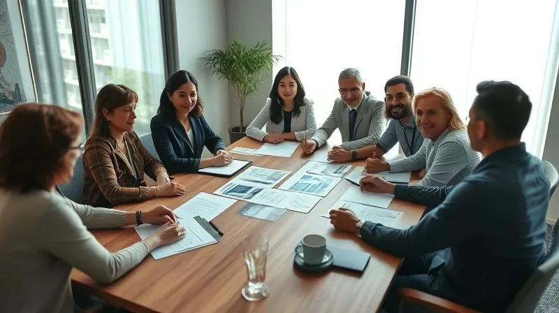 Photorealistic image of a diverse group of professionals and parents seated around a large conference table, engaged in a serious but collaborative discussion, with legal documents and charts spread out. Natural light streams through a window, creating a professional and hopeful atmosphere. 8K, cinematic lighting, sharp focus on faces, depth of field blurring the background, shot on a high-end DSLR.