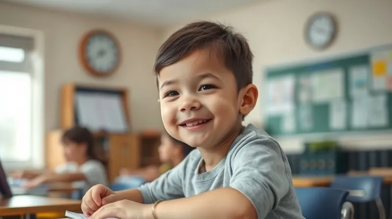 Photorealistic image of a child happily engaged in learning activities in a classroom, with a subtle, protective shield or bubble around them. The background shows blurred legal documents and a clock, symbolizing time passing during a dispute, but the child remains stable and secure. 8K, cinematic lighting, sharp focus on the child, depth of field, shot on a high-end DSLR.