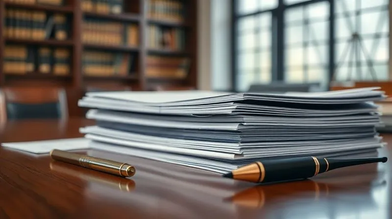 Photorealistic image of a legal brief or stack of meticulously organized legal documents on a polished wooden desk, with a pen and reading glasses beside them. The background shows a blurred image of a legal library or a judge's bench. Emphasizes preparation and detail. 8K, cinematic lighting, sharp focus on documents, depth of field, shot on a high-end DSLR.
