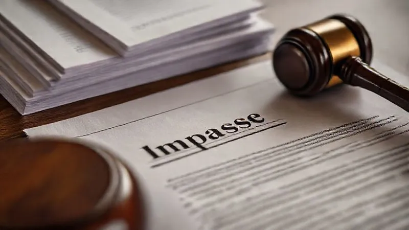 A close-up of a legal document with the word "Impasse" highlighted, next to a gavel and a stack of negotiation papers, photorealistic, professional photography, 8K, cinematic lighting, sharp focus, depth of field, shot on a high-end DSLR.