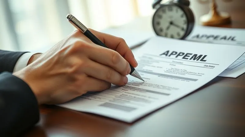 A close-up, photorealistic, professional photography, 8K, cinematic lighting, sharp focus, depth of field, shot on a high-end DSLR, of a hand meticulously filling out an appeal form, with blurred legal documents and a clock in the background, conveying urgency and precision.