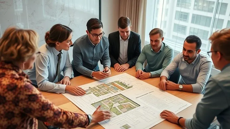 A photorealistic, professional photography, 8K, cinematic lighting, sharp focus, depth of field, shot on a high-end DSLR, of a diverse group of community members and professionals (architects, lawyers) gathered around a table, actively discussing a development plan with architectural drawings and maps, symbolizing collaboration and expert input.